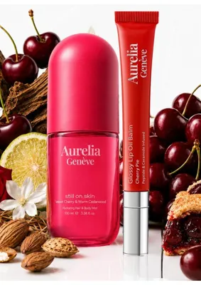 Aurelia Genève Wear Your Cherry Glow - Peptit & Seramid Içeren Nemlendirici Kiraz Kırmızı Lip Balm & Kadifemsi Vişne ve Sıcak Sedir Ağacı Kokulu Saç & Vücut Misti