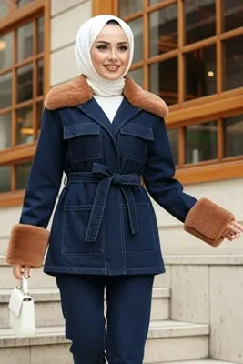 N.S NEVA STYLE Kürk Detaylı Lacivert Tesettür Kot Ceket 80341L