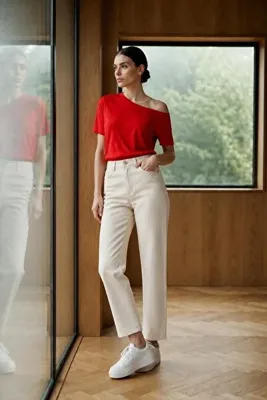 we-rayss Krem Renk, Yüksek Bel, Fit Mom Paça Kot Pantolon Yeni Sezon