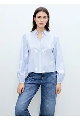 MANGO Woman Çiçek işlemeli çizgili gömlek