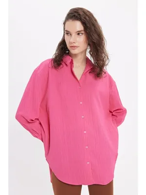 Tudors Kadın Oversize Geniş Kesim Bürümcük Pens Detaylı Uzun Kollu Dokulu Pembe Gömlek