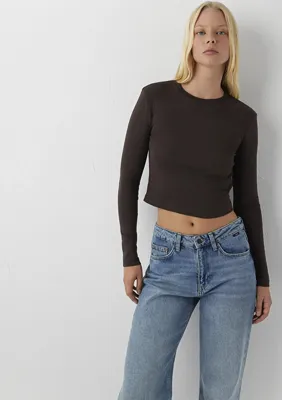 Mavi Uzun Kollu Kahverengi Crop Basic Tişört
