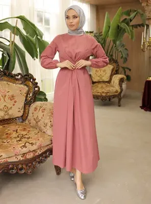 SAHRA BUTİK Çapraz Bağlamalı Trikoton Kumaşından Elbise - Gül - SAHRA BUTİK