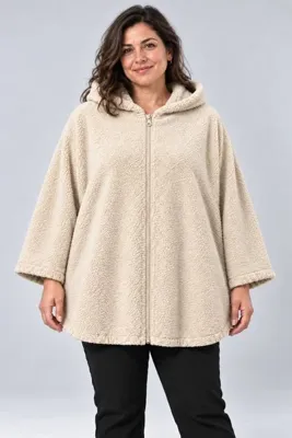 Curvy Trend Büyük Beden Kapşonlu Fermuarlı Sherpa Kuzu Kumaş Ceket