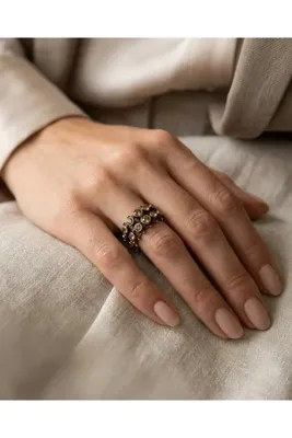 Dorvina Bronz Vintage Kadın Yüzük Otantik Bakır Takı Sarı Zirkon İşli Şerit Model Ayarlanabilir