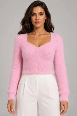 Sfg Life Moda Kadın Önü V Yaka Uzun Tüylü Sakallı Triko Crop Kazak