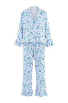TRENDYOLMİLLA Mavi Polyester Yılbaşı Saten Dokuma Pijama Takımı THMAW27PT00144