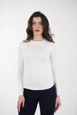 CHAURA Kadın Ekru Bisiklet Yaka Basic Ultra Soft %95 Pamuk Uzun Kollu Penye Bluz