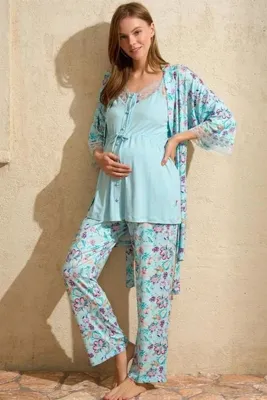 Anıl MDB MdbShop İp Askılı V Yaka Kadın Çiçek Desenli Yazlık Dantel Detaylı Hamile Pijama Takımı Sabahlık