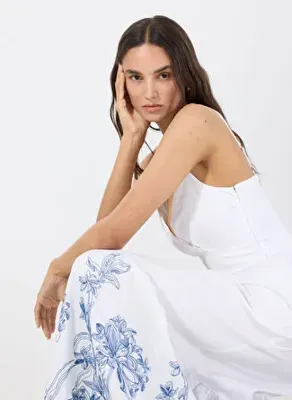 Guess Beyaz Kadın Elbise BLANCHE PLACE EMBRO - COTTON EMBRO