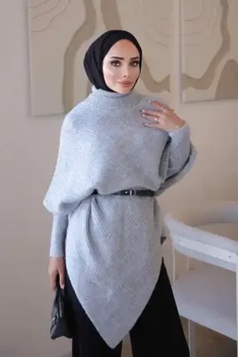 İmaj Butik Gri Asimetrik Kesim Kemerli Yumuş Triko Kazak
