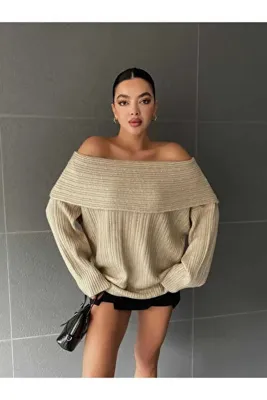 PİKAX Bej Kadin Omuzlari Açik Oversize Triko Kazak