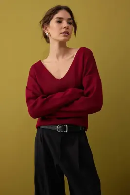 TRENDYOLMİLLA Bordo Korse Dikiş Detaylı Triko Kazak TWOAW26KZ00069