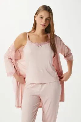 Ritnice Kadın Betty Somon Kalpli 3'lü Paket Sabahlıklı İp Askılı Dantelli Fitilli Örme Pijama Takımı
