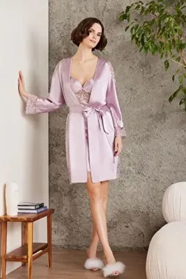 Pierre Cardin Saten Gecelik Sabahlık Pijama Takım Şort Takım 6'lı Gelin Çeyiz Seti - 6000