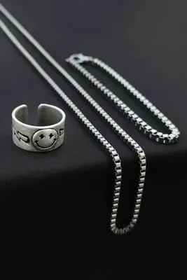 TREND COLLECTİON Smile Gülen Yüz Şimşek Motif Ayarlanabilir Gümüş Kaplama Yüzük Küp Bileklik Ve Kolye Set