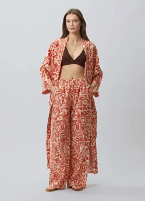 Beymen Collection Kiremit Krem Geometrik Desenli Keten Pantolon