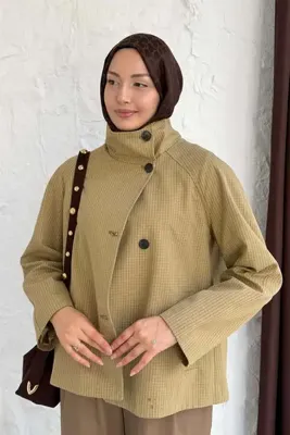 Modaensarbutik Dik Yaka Kare Çizgili Cepli Bomber Ceket-YAĞ YEŞİLİ