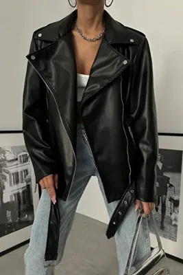 PRİFALDİ TURQUAZ STYLE Vintage Oversize Uzun Kadın SİYAH Deri Ceket