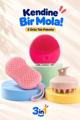 3in1 Shop Yumuşak Silikon Duş Deri Masaj Tarağı (pembe) + Çift Taraflı Süngerli Köpüklü Silikon Sırt Fırçası + Şarjlı Yüz Temizleme Cihazı Forever (fuşya)