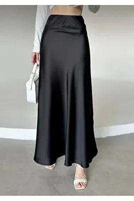 MODA UGS Kadın Şık Saten Kemeri Lastikli 100 Cm Maxi Boy A Line Etek