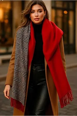 Zeynep Keskin Design Kırmızı Çift Taraflı Ekose Püsküllü Sıcak Tutan Atkı Şal
