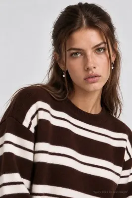 Lovelyİstanbul Çizgili Oversize Triko Kazak LMA0001 KAHVERENGİ EKRU