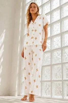 Genel Markalar Kadın Genç Loose İpliği Boyalı Kırık Beyaz Pijama Takımı