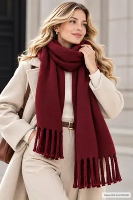 LONWİX Kadın Kışlık Kalın Püsküllü Atkı Yumuşak Dokulu Şal Model Oversize Boyun Atkısı