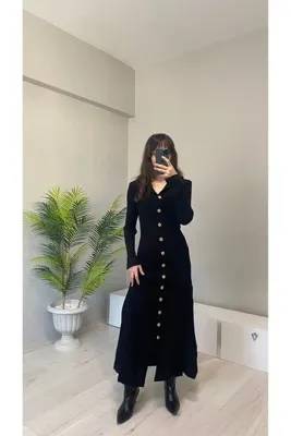 Butik Kadın Siyah gold düğme detaylı fitilli uzun triko elbise -S M uyumlu