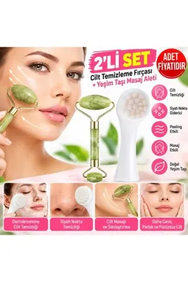 NW NessiWorld 2li Set Çift Taraflı Cilt Temizleme Fırçası ve Yeşim Taşı Çift Taraflı Cilt Masaj Aleti