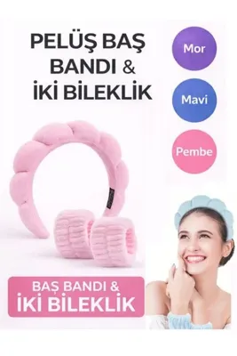 NUNUKO Peluş Saç Bandı & Bileklik Set (Pembe Saç Masaj Fırçası Hediyeli)