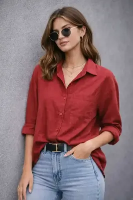 blackbonds Kadın Oversize Bordo Pamuklu Rahat Keten Gömlek – Yaz Koleksiyonu
