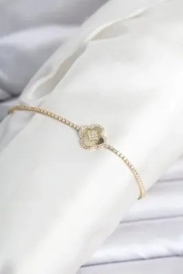 Genel Markalar Pirinç Gold Renk Zirkon Taşlı Yonca Model Su Yolu Kadın Bileklik