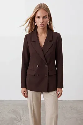 Trend Alaçatı Stili Kadın Kahverengi Kruvaze Yaka Düğmeli Blazer Ceket Alc-X15732