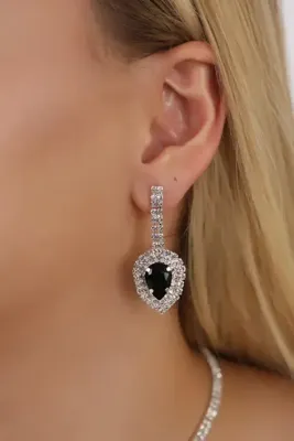 HUBANN Stylish Su Yolu Siyah Damla Taşlı Küpe Gelin Nişan Küpe Parti Davet Küpe