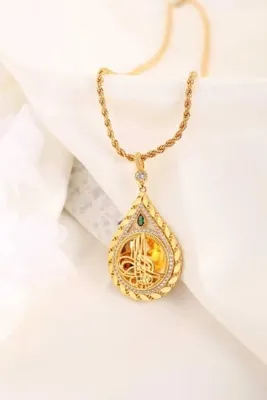 barisiva gold 22 Ayar Altın Kaplama Tuğralı Pullu Zirkon Ve Yeşil Taşlı Halat Zincirli Kolye
