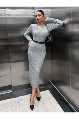 ATEMODAA Atemoda v yaka gri elbise şık simetrik tasarım