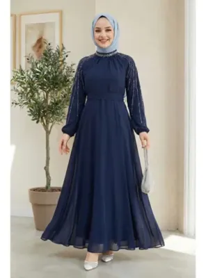 Harmatime butik Kadın Taş İşlemeli İçi Astarlı Lacivert Şifon Tesettür Elbise