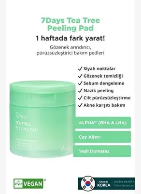 Ariul 7Days Tea Tree Peeling Pad 100 Adet - Çay Ağacı Gözenek Arındırıcı Peeling Ped