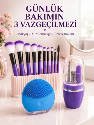 Epilons 3 Lü Güzellik Ve Bakım Seti 12 Li Mor Makyaj Fırçası Silikon Yüz Temizleme Cihazı Ve Manikür Tırnak