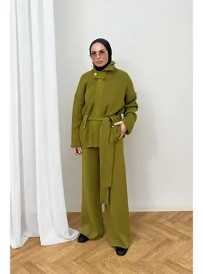 Melike Tatar Kuşaklı Triko Takım 87-2680 YAĞ YEŞİLİ