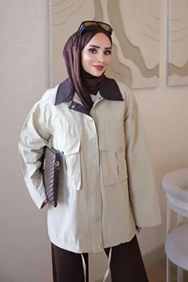 İmaj Butik Bej Fermuarlı Çıtçıtlı Bağlamalı Garnili Ceket
