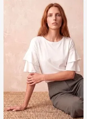 WestMark London  Beyaz Pamuklu Bisiklet Yaka Katlı Fırfır Kollu Basic Bluz MADALENA