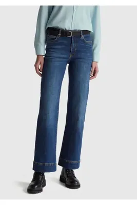 United Colors Of Benetton Kadın Koyu Mavi Pamuk Karışımlı Arkası Logo Etiketli Geniş Denim Pantolon