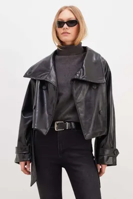 Fulla Moda Beli Kemerli Suni Deri Ceket