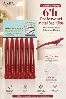 AKBA HOME 6’lı Profesyonel Metal Saç Klipsi Seti Silikon Aparatlı Saç Ayırma ve Şekillendirme Kuaför Klipsi