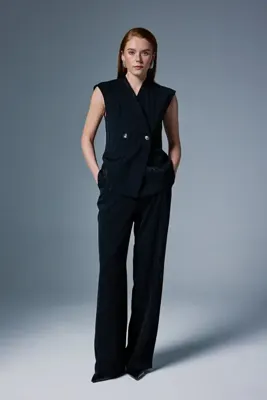 Sateen Anna Çizgili Pantolon - Siyah