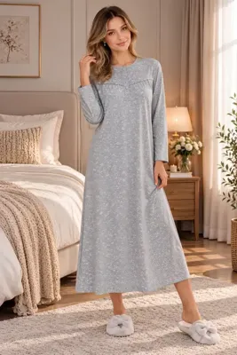 Mecit Pijama Mecit 6154 Gri Kadın Çiçek Desenli Büyük Beden Gecelik
