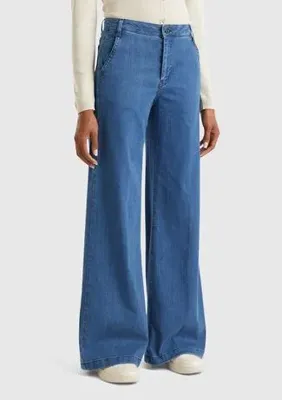 United Colors Of Benetton Kadın Mavi Wide Leg Denim Pantolon